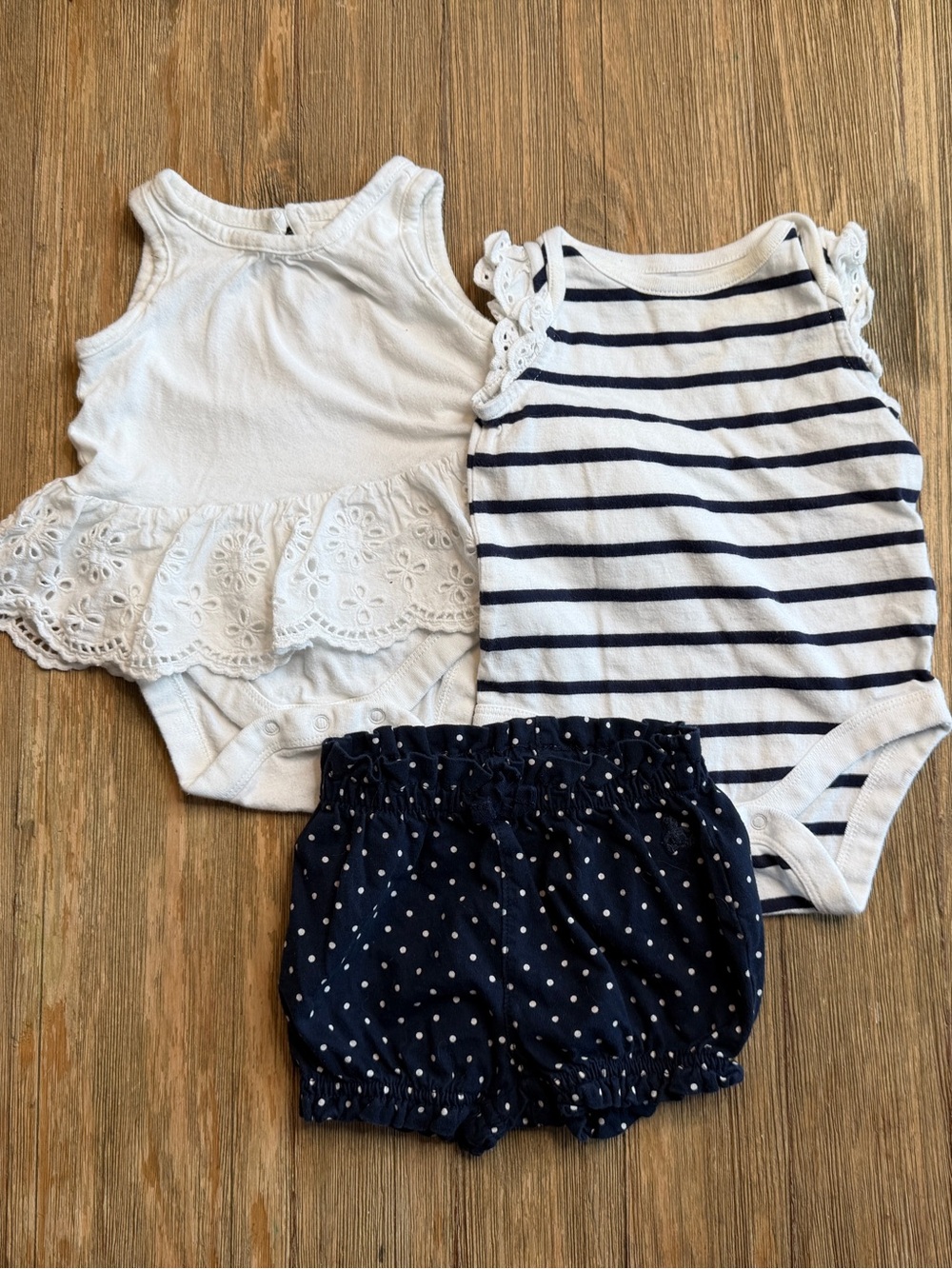 Baby Gap Bundle Girl Navy Stripe, White Eyelet Onesies with Navy Polka Dot Short